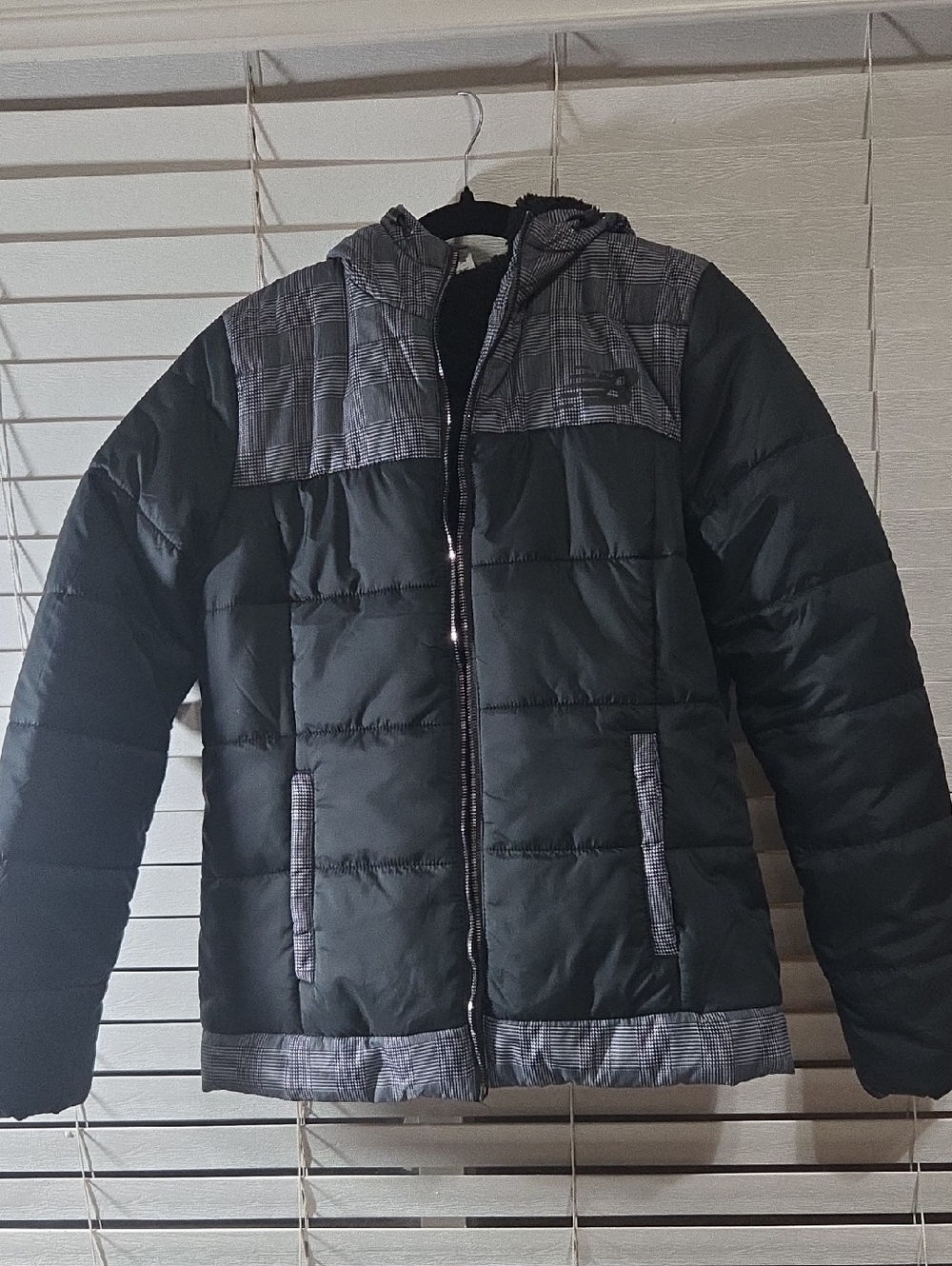 New Balance Black Hooded Puffer Jacket with Gray Plaid Accents